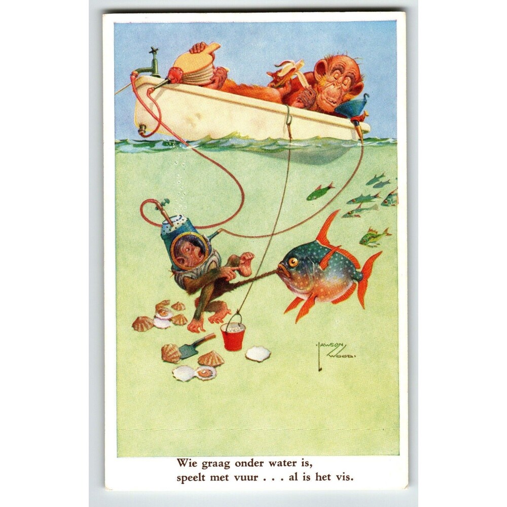 Monkey Scuba Diver Fish Bath Postcard Larson Wood Signed Fantasy Anthropomorphic